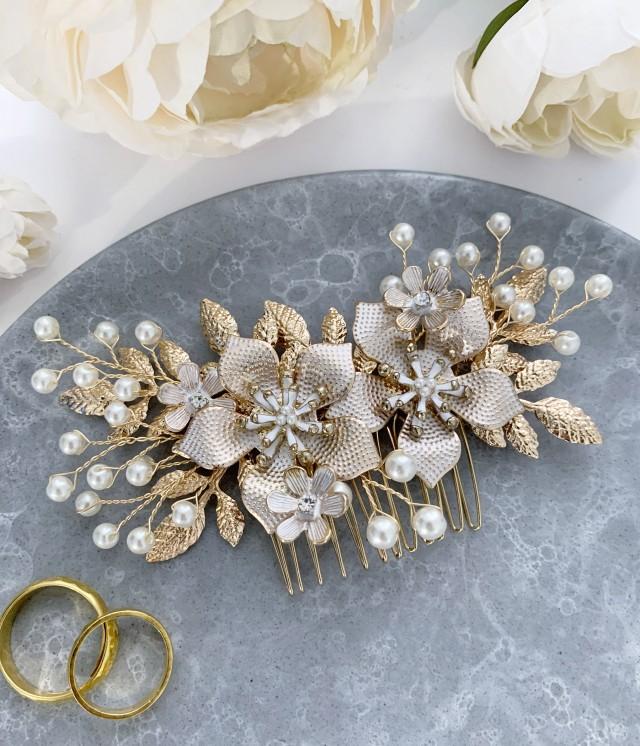 Gold Floral Wedding Hair Accessories, Bridal Hair Comb, Bride Hair ...