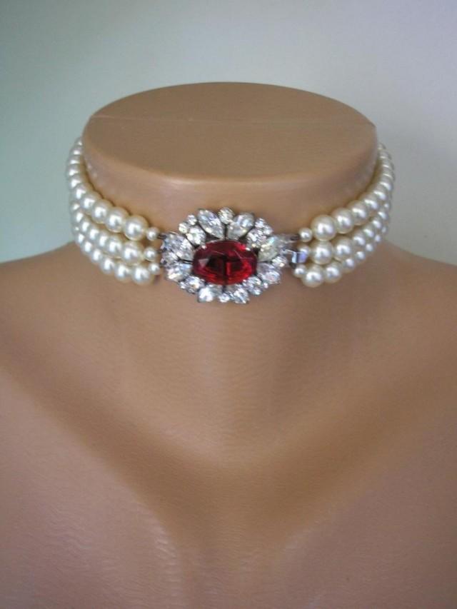 Pearl Choker With Ruby Clasp, Bridal Pearls, 3 Strand Pearls, Cream ...