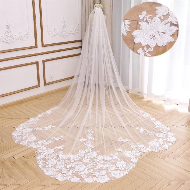 Lace Trim Wedding Veil Floral Bridal Veil Cathedral Floral Veil White ...