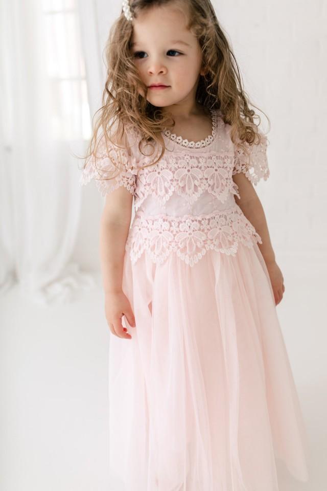 Rustic Lace Flower Girl Dress, Blush Pink Boho Dresses, Bohemian ...