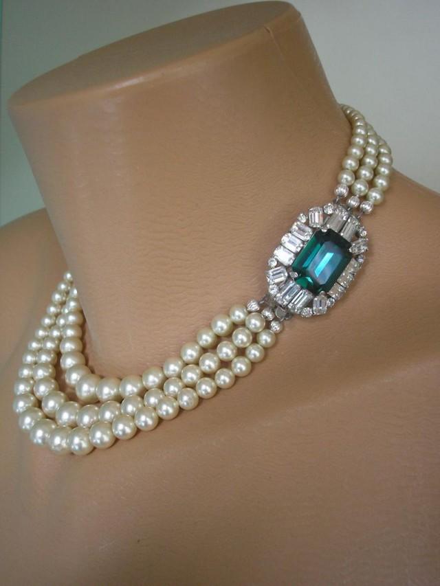 Emerald And Pearl Necklace, Vintage Pearl Choker, Pearl Bridal Necklace ...