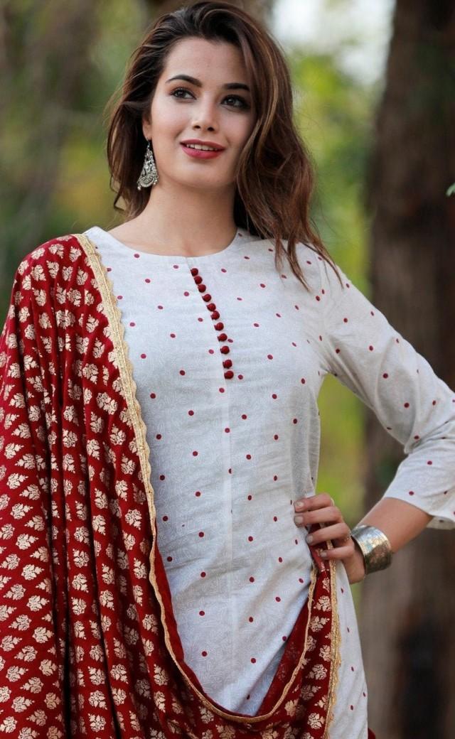 Indian White Kurta With Maroon Plazzo Dupatta Set #2978149 - Weddbook