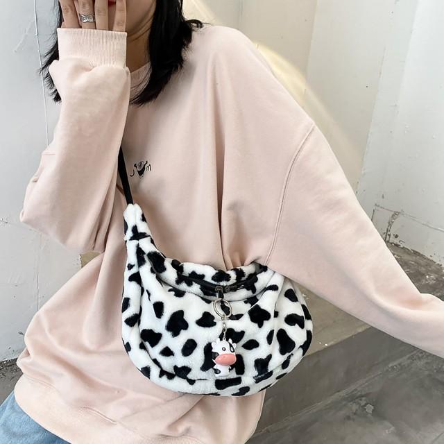 90s Aesthetic Cow Print Fuzzy Baguette Messenger Bag, E-Girl Y2K Kawaii ...