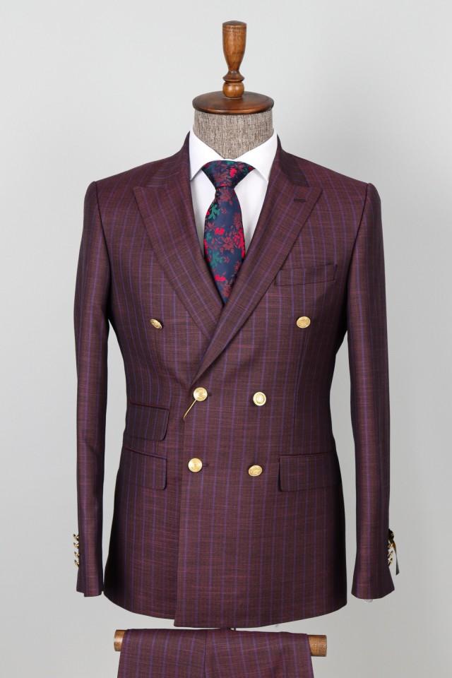 Double Breasted Maroon, Striped - Golden Button Men Suit #2979640 ...