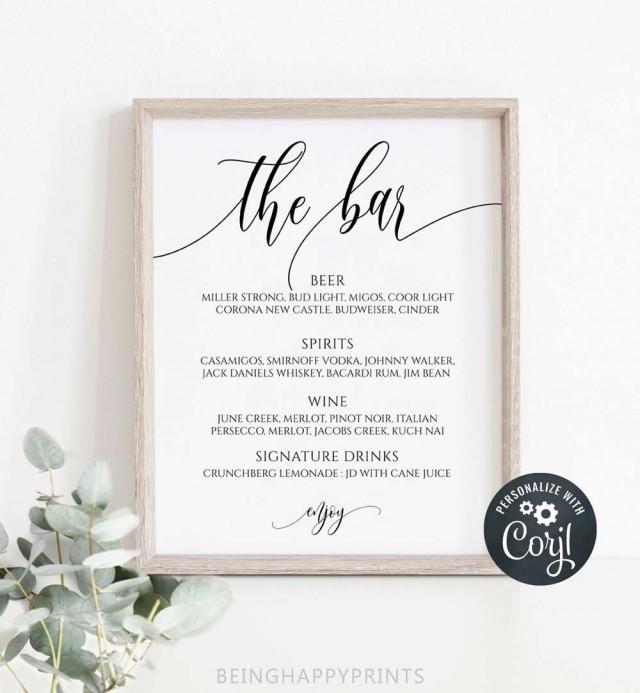 Wedding Bar Menu Sign, Printable Calligraphy Bar Menu Template, Modern ...