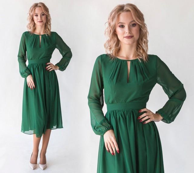 Romantic Emerald Cocktail Flowy Dress With Long Sleeves / Tender Midi ...