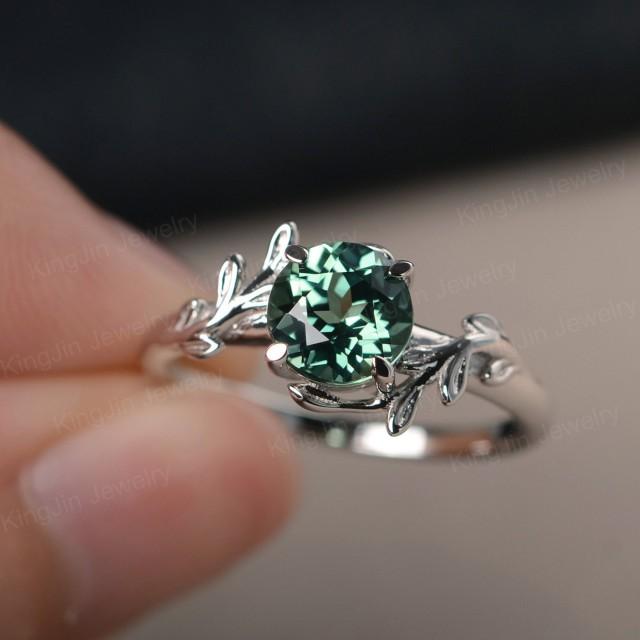 Green Sapphire Engagement Ring Round Cut Solitaire Branch Ring Sterling ...