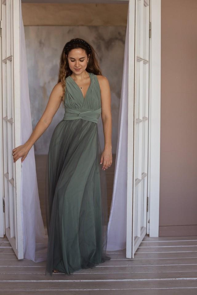 Sage Green Bridesmaid Dress With Tulle Skirt, Sage Green Infinity Dress ...